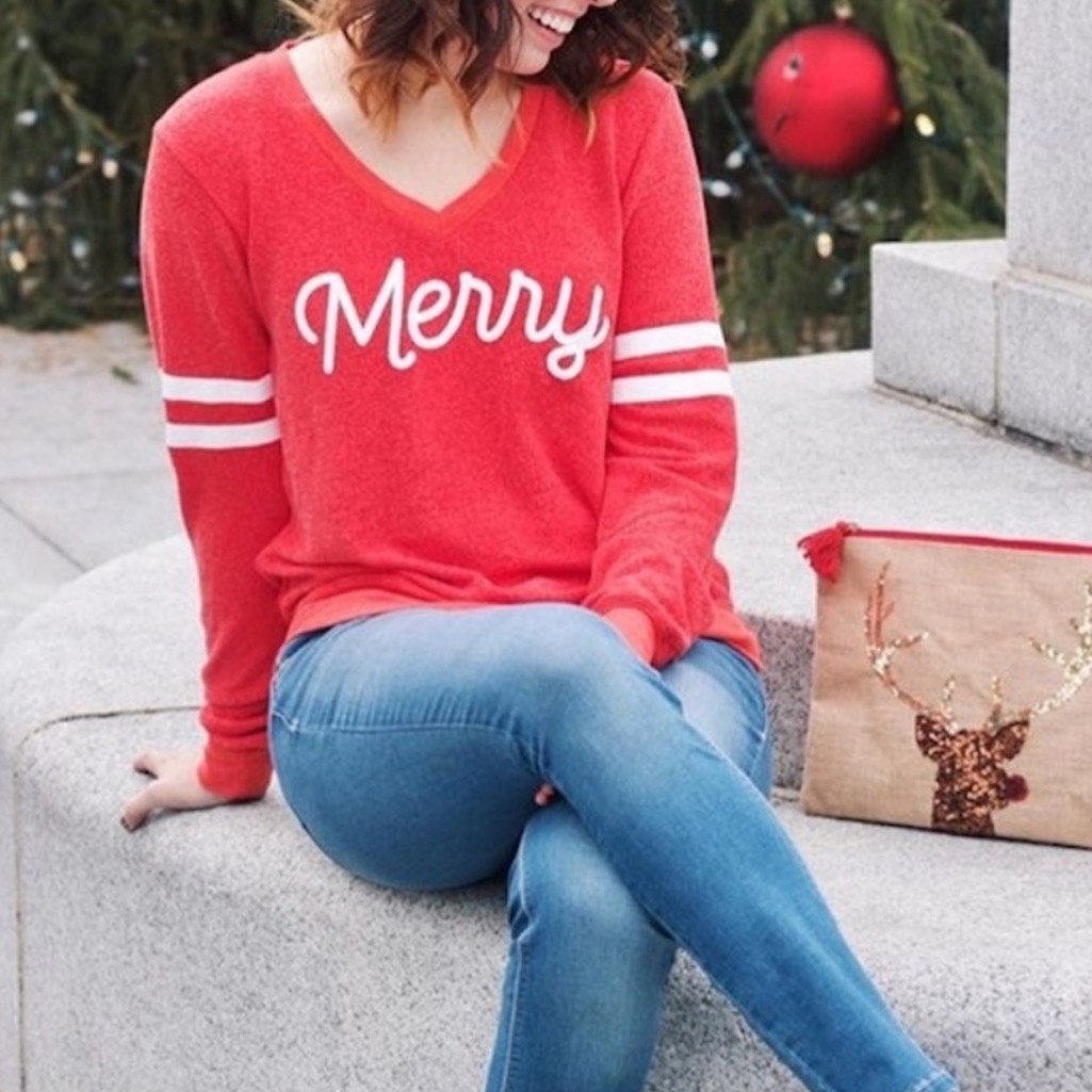 Wildfox Red 'Merry' V-Neck Sweater